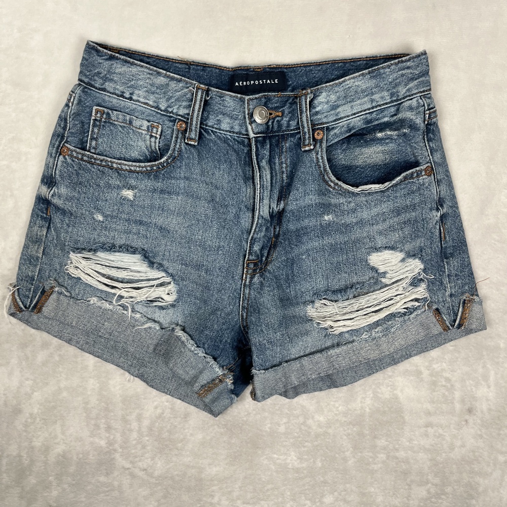 Aeropostale Shorts Womens 6 29 Blue Mom Short High Rise Distressed Cuffed Denim